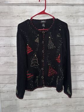 Vintage 90s Beaded Christmas Tree Cardigan Sweater Women's Extra Large Holiday